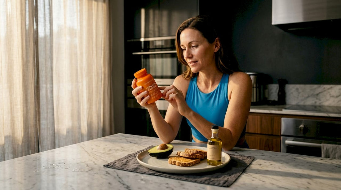 Woman reading curcumin bottle kitchen scene