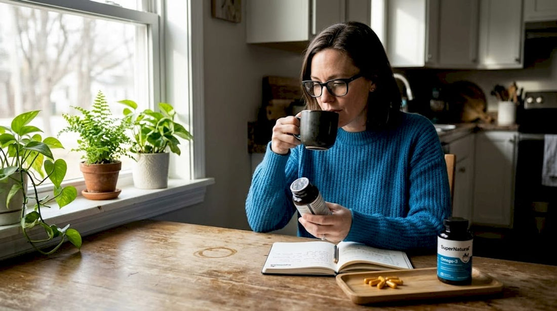 Woman reading supplement label at kitchen table