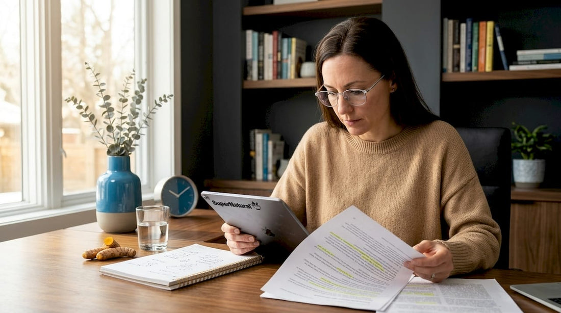 Neuroscientist reviewing curcumin research at desk