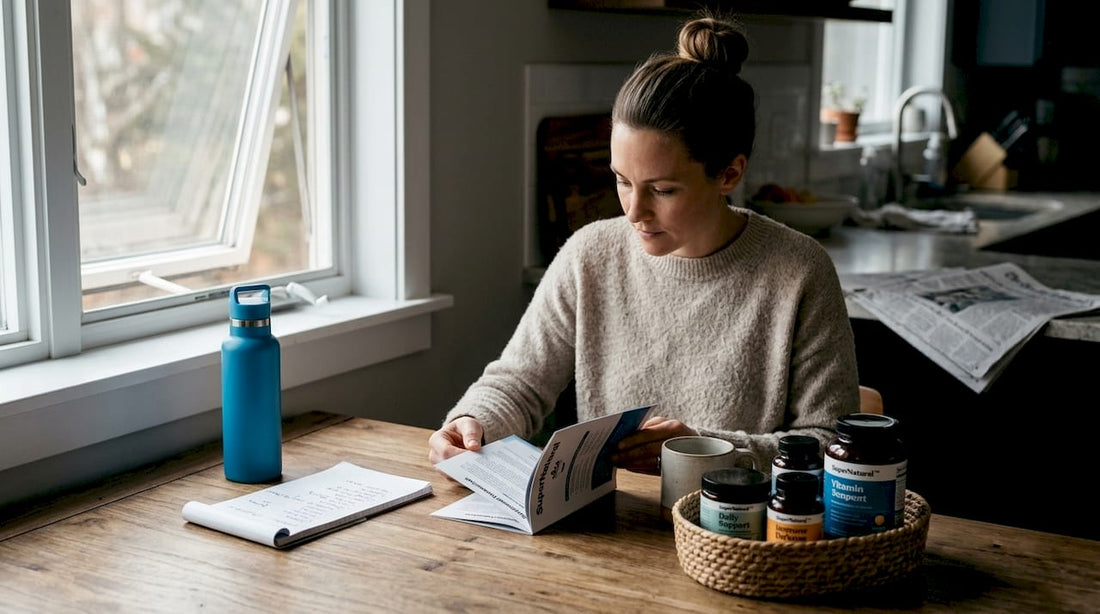 Woman researching supplements at kitchen table