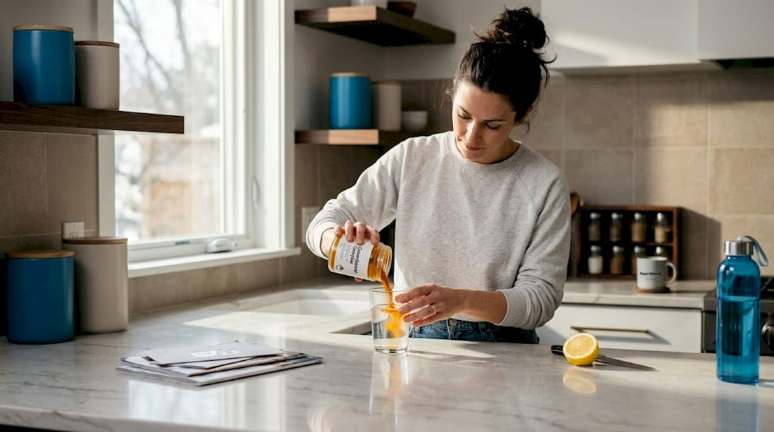Woman preparing curcumin drink in bright kitchen