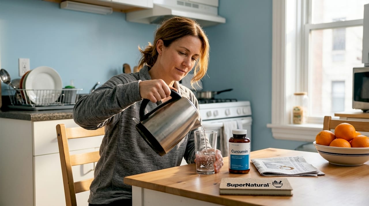 Woman taking curcumin supplement at kitchen table