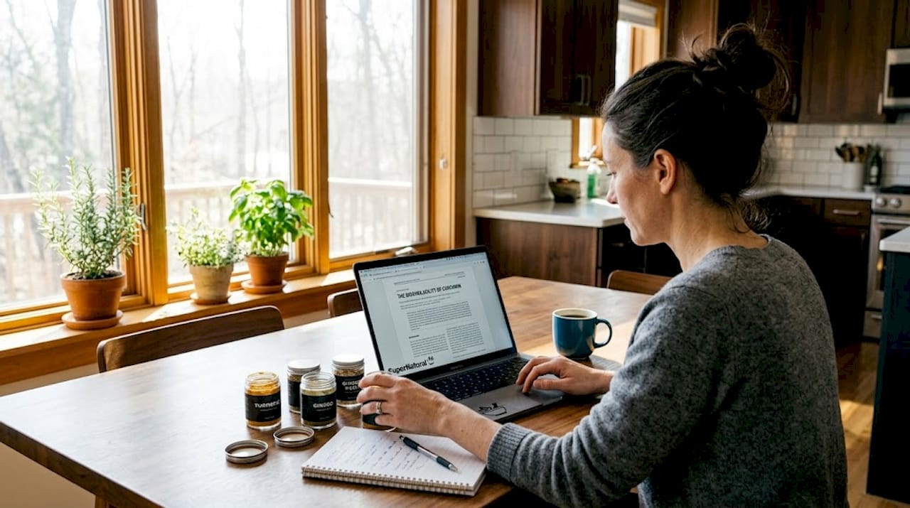 Woman researching natural cognition boosters at kitchen table