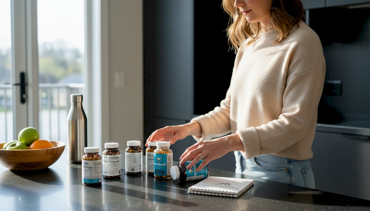 Woman sorting supplements in sunlit kitchen
