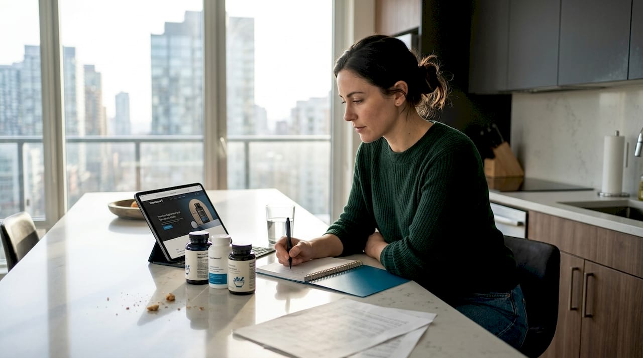Woman comparing supplement bottles and notes
