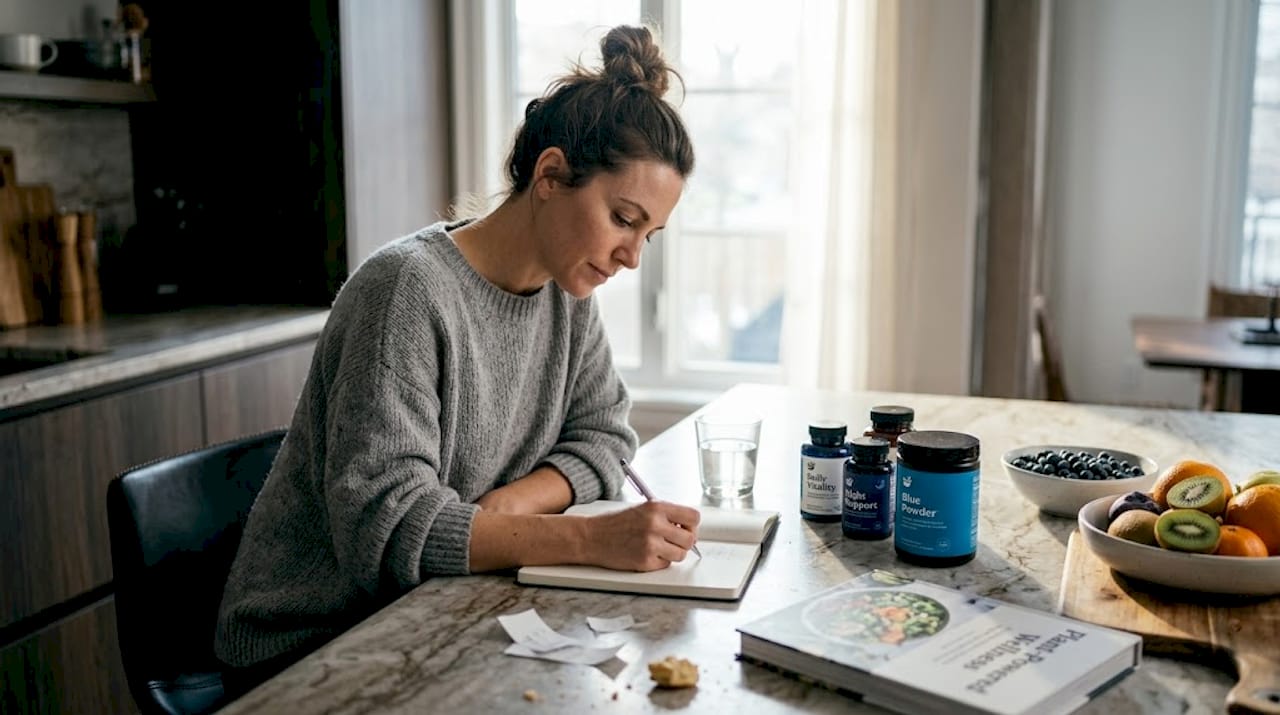 Woman plans daily supplements at kitchen island