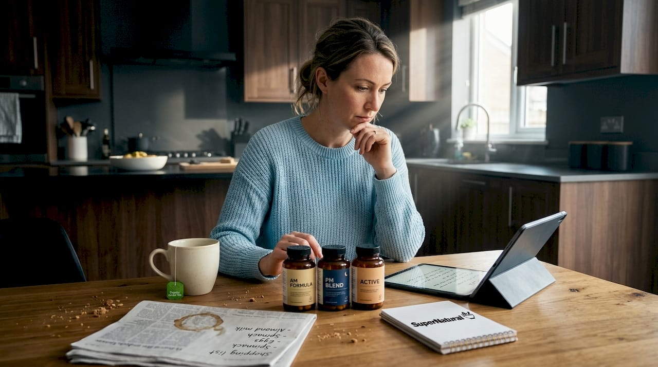 Woman comparing supplement bottles at kitchen table
