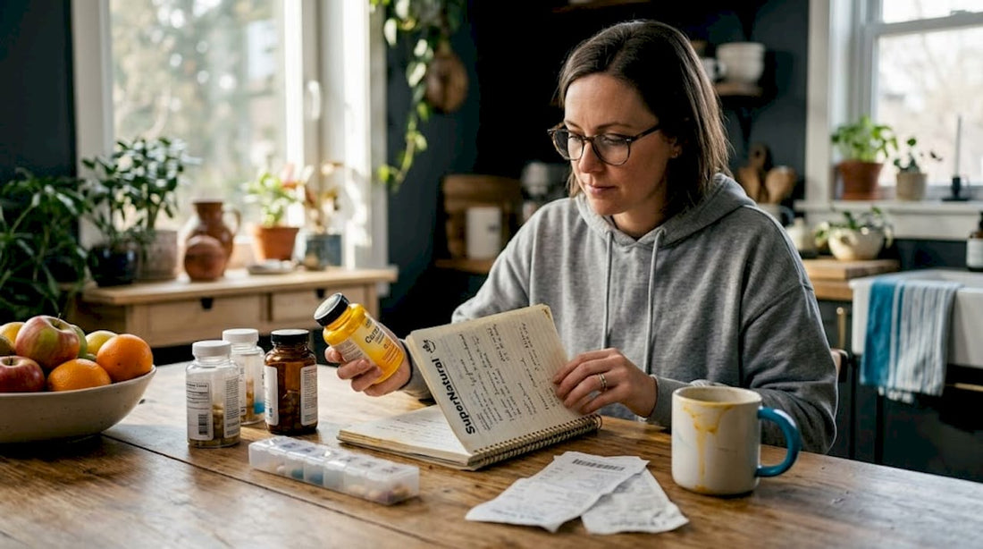 Woman researching curcumin supplements at home