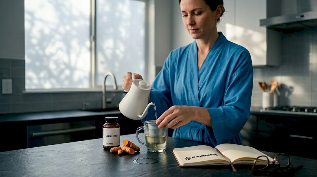 Woman preparing curcumin tea in modern kitchen