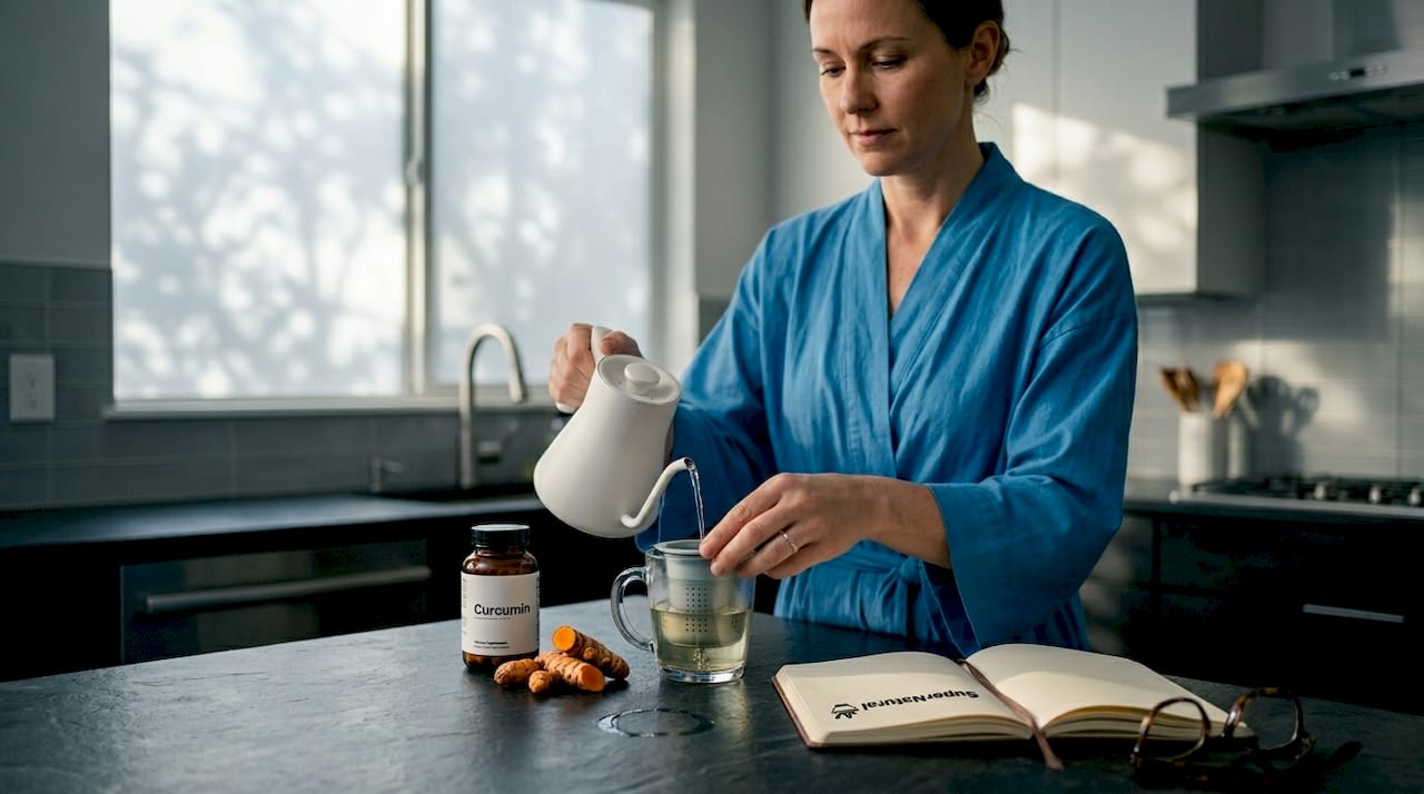 Woman preparing curcumin tea in modern kitchen