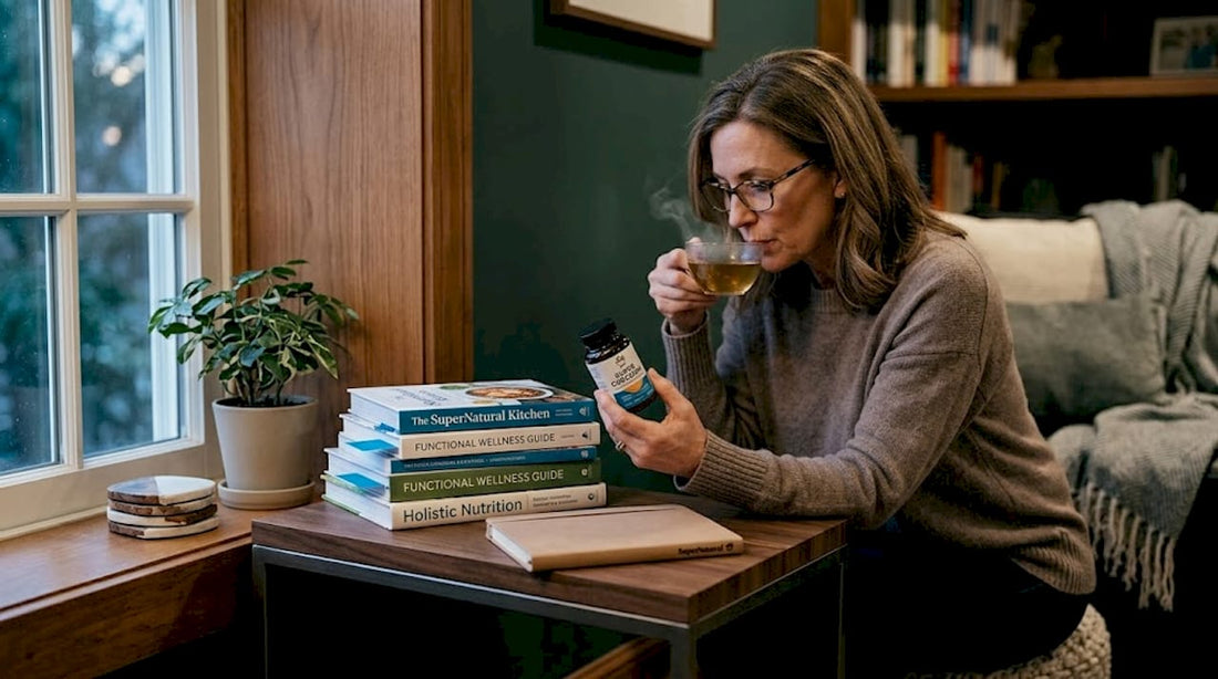 Woman reading curcumin supplement label at kitchen island