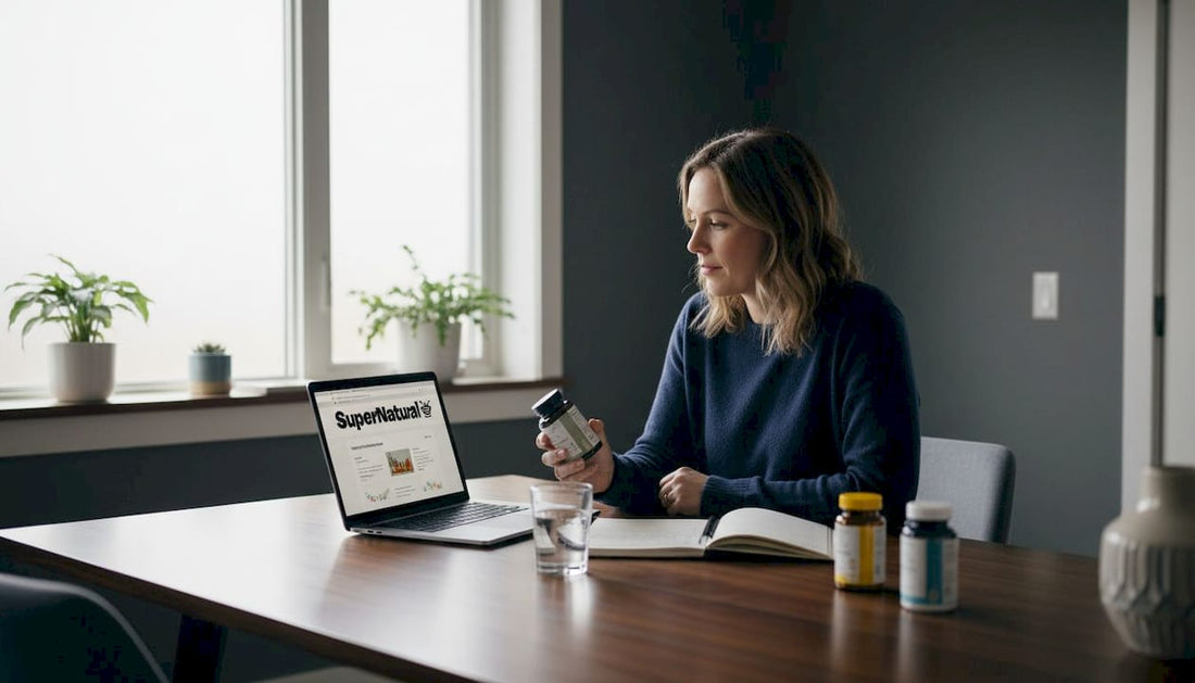 Woman studies supplement labels at kitchen table