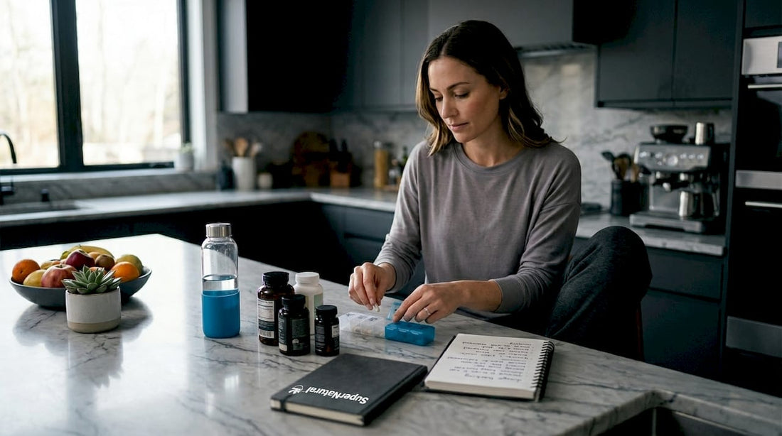 Woman sorting supplement bottles in sunlit kitchen