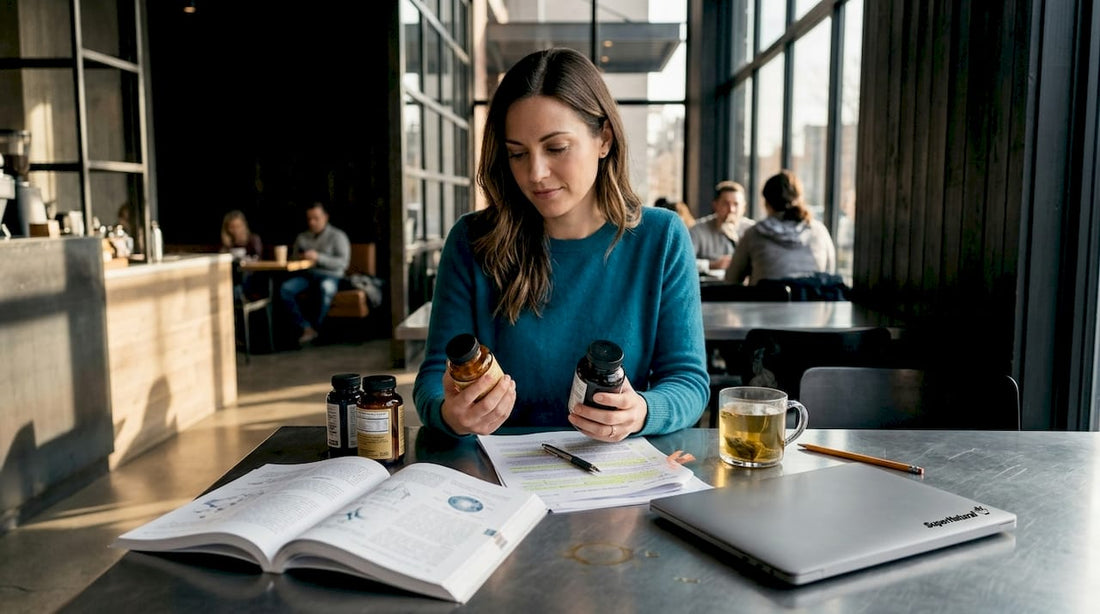 Woman reviews supplement science at dining table