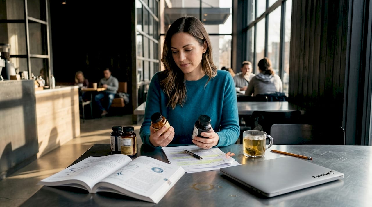Woman reviews supplement science at dining table
