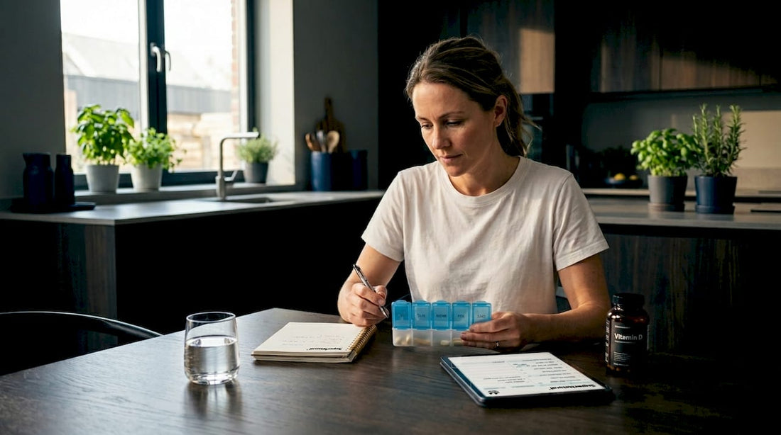Woman reviewing supplement plan at kitchen table