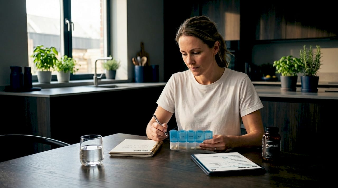 Woman reviewing supplement plan at kitchen table