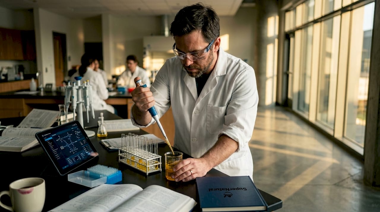 Scientist pipetting yellow solution in research lab