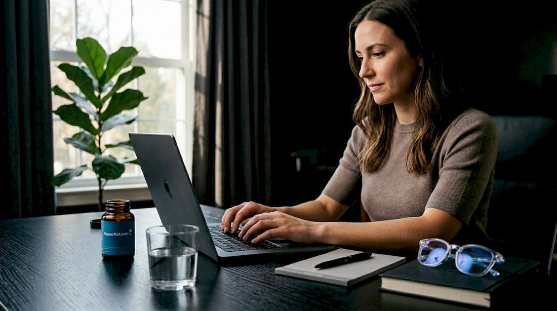Woman working at desk with supplements visible