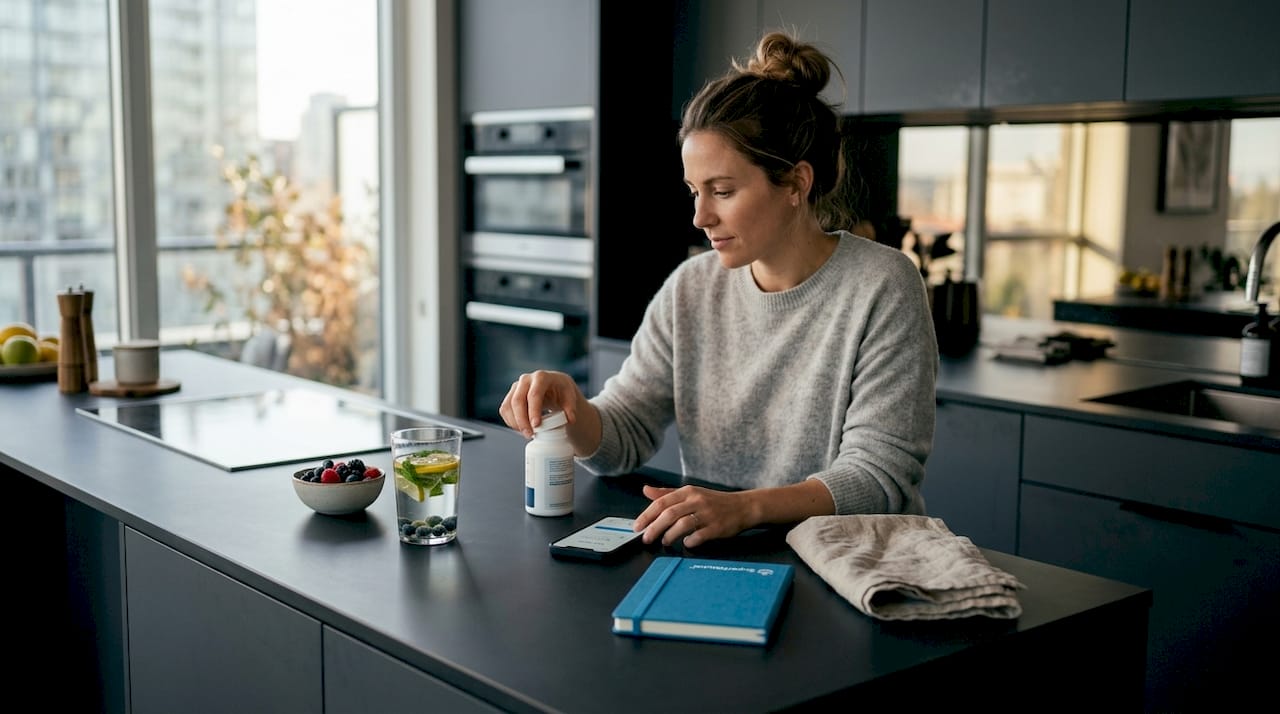 Woman taking supplements at sunny kitchen table