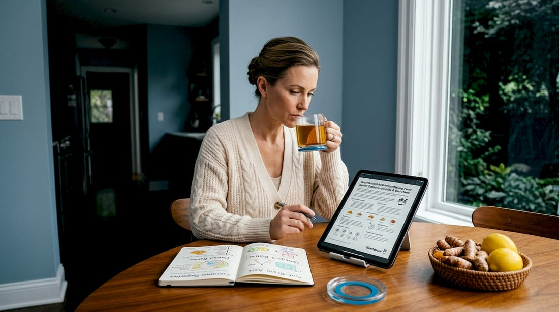 Woman reviews anti-inflammatory notes at home