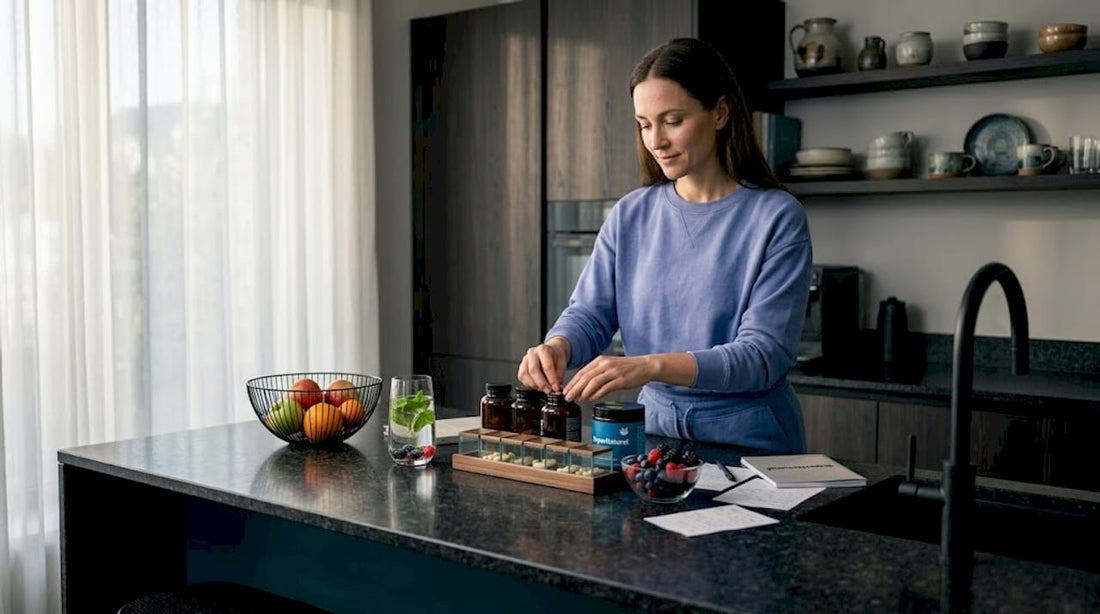 Woman preparing supplements in bright kitchen