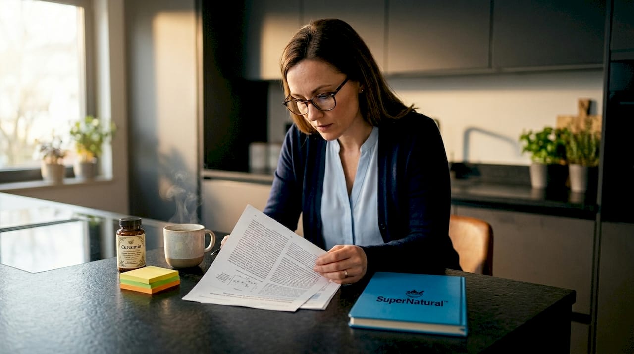Nutrition researcher studying curcumin papers at kitchen table