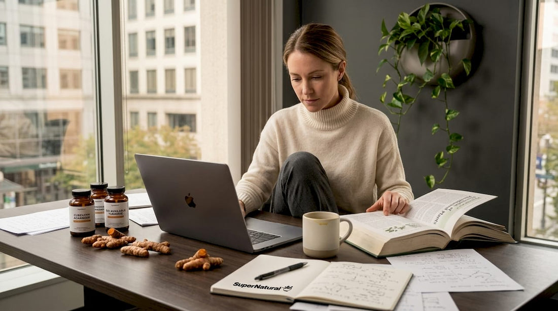 Researcher studies curcumin sources at desk