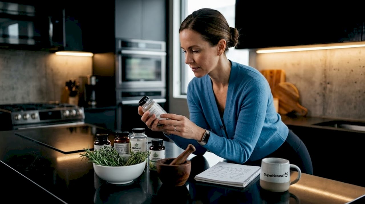 Woman reviewing herbal supplements in kitchen