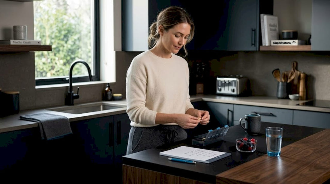 Woman preparing supplements at kitchen island