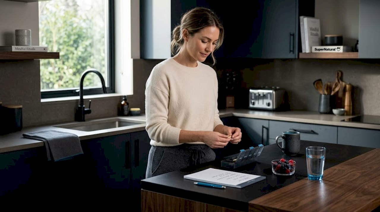 Woman preparing supplements at kitchen island