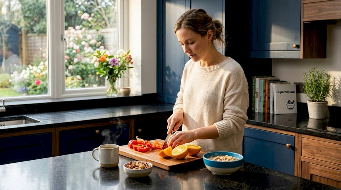 Woman preparing bell peppers and oranges in bright kitchen