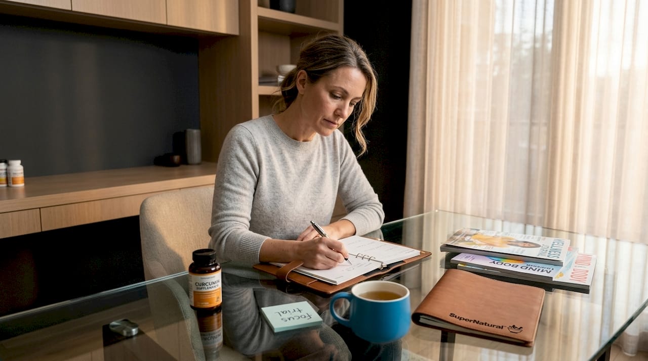 Woman organizing curcumin focus checklist