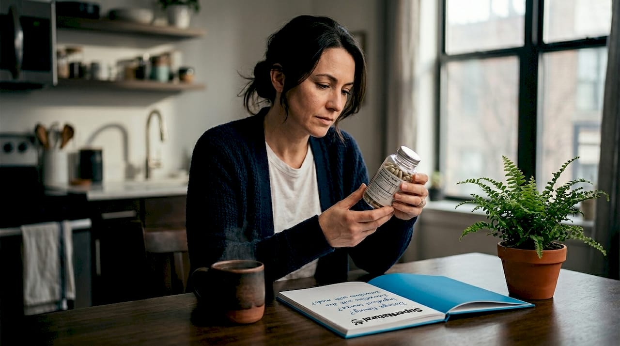 Woman reading herbal supplement label in kitchen