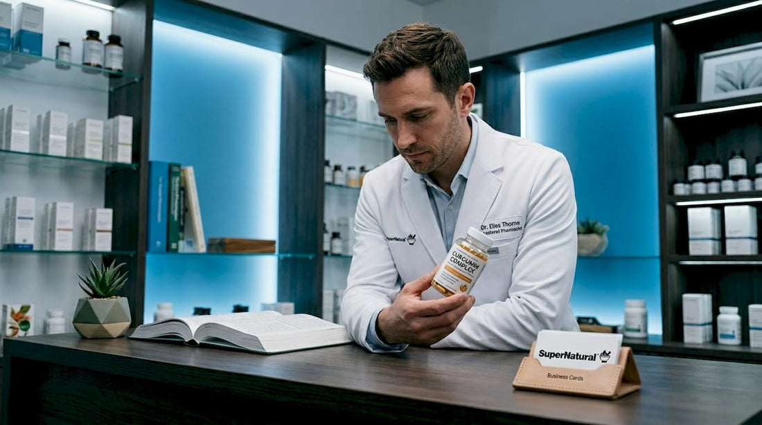 Pharmacist examining curcumin capsules bottle