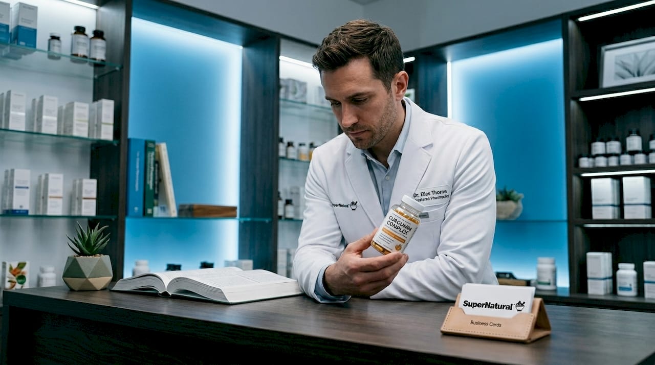 Pharmacist examining curcumin capsules bottle