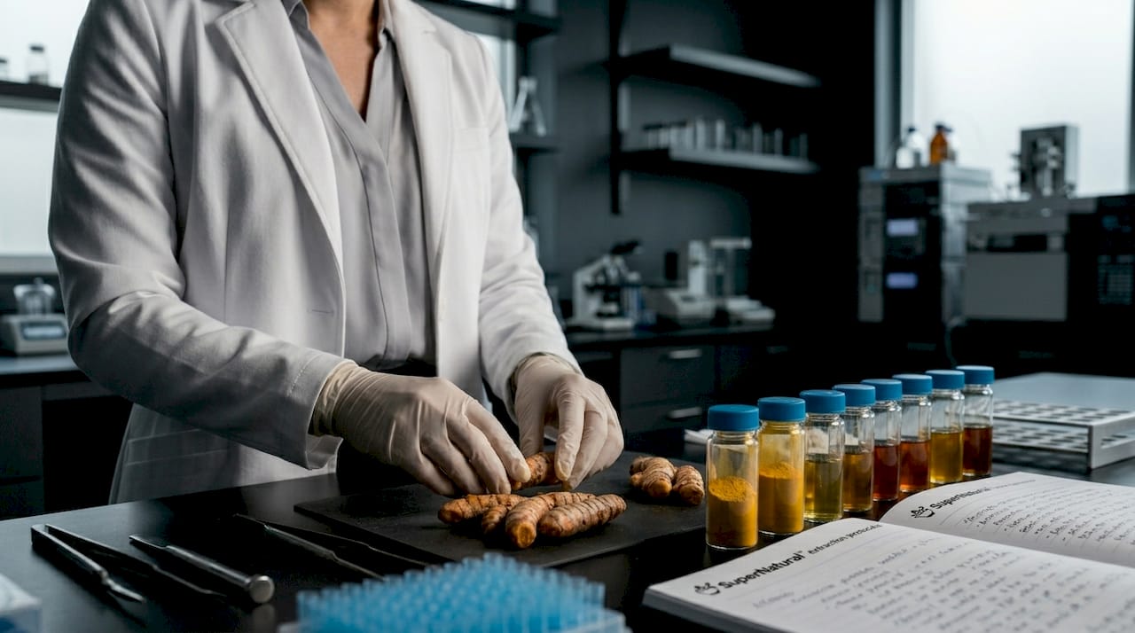 Scientist handling turmeric roots in lab
