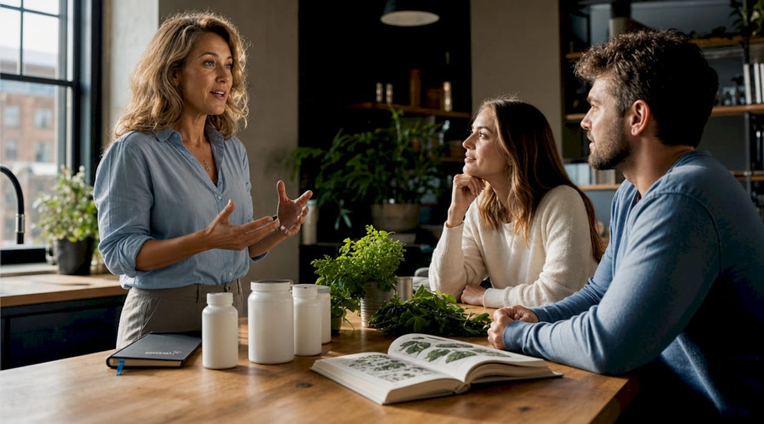 Nutritionist advising couple about supplements