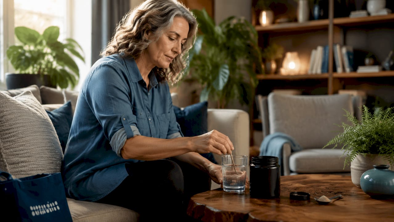 Woman preparing dietary supplement drink in kitchen
