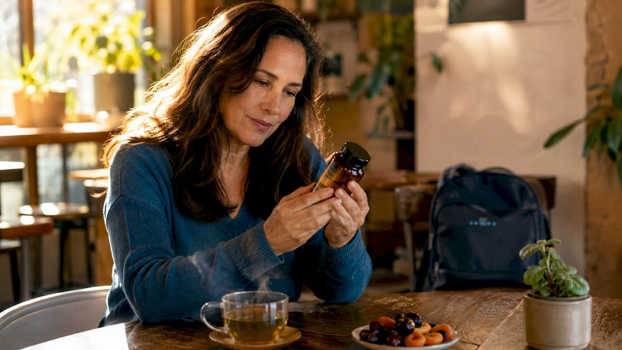Woman reading supplement bottle label at kitchen table