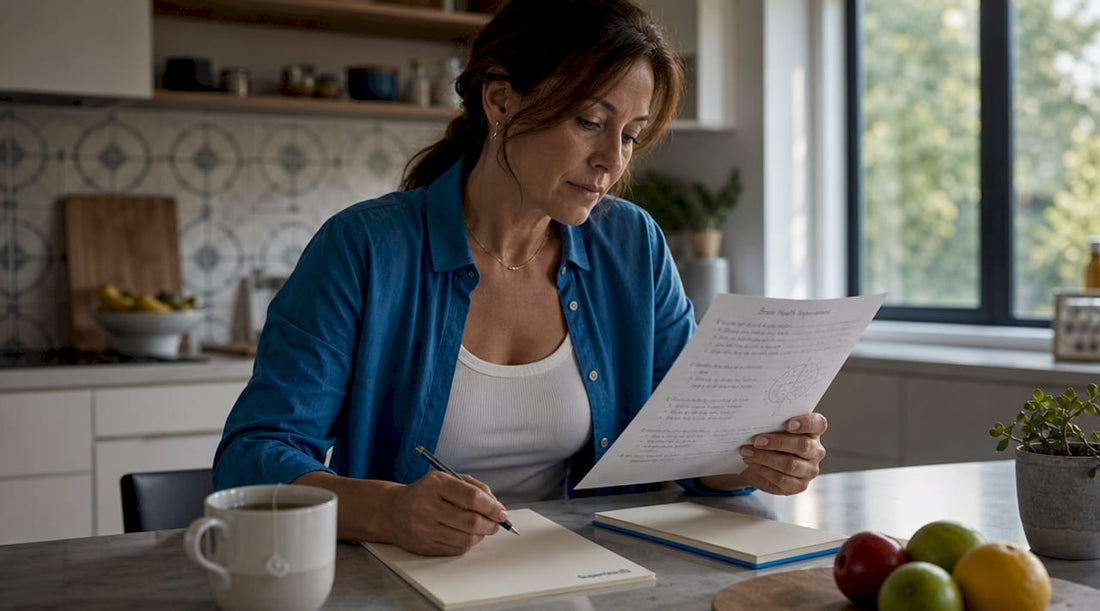 Woman reviewing brain health notes at desk