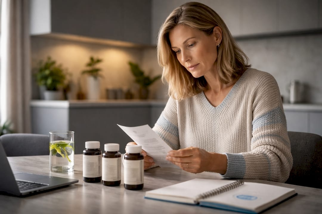 Woman comparing curcumin supplements at kitchen table