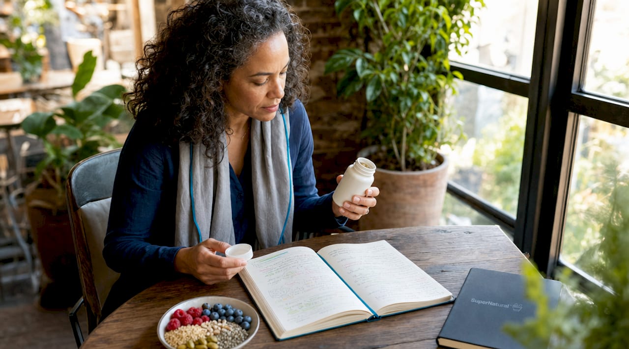 Woman reviewing antioxidant supplements at home