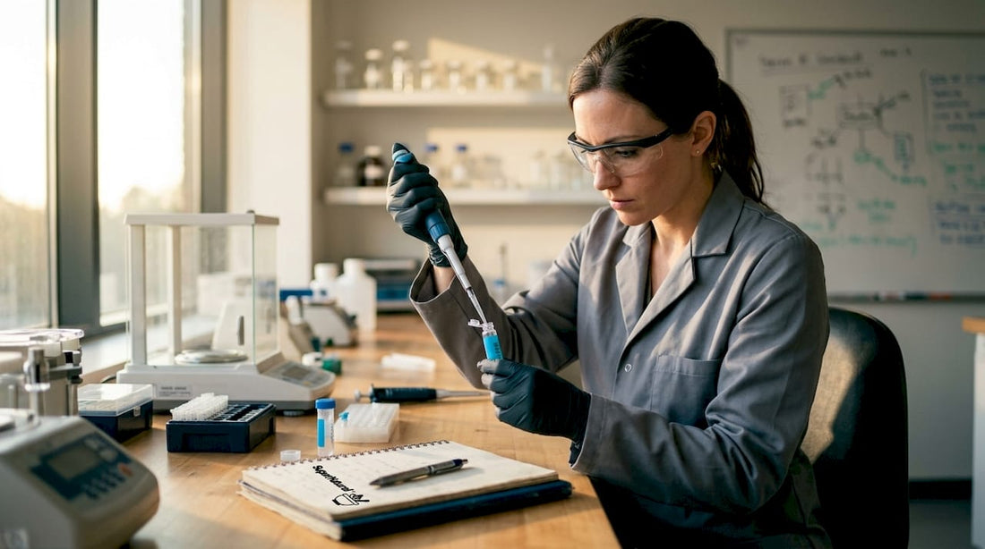 Scientist preparing supplement formula in laboratory