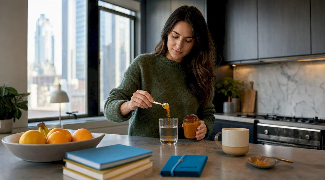 Mother measuring curcumin supplement at breakfast table