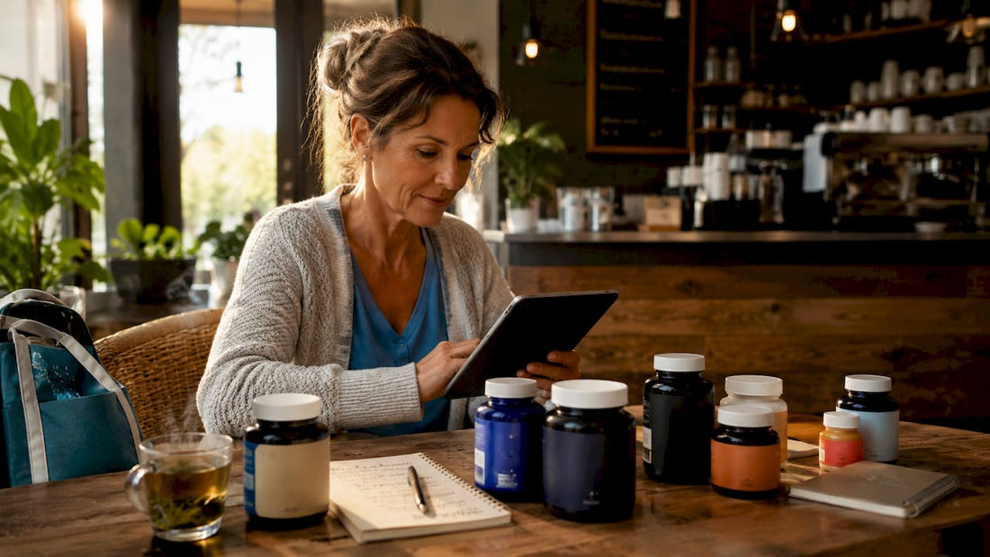 Woman comparing supplement brands at kitchen table