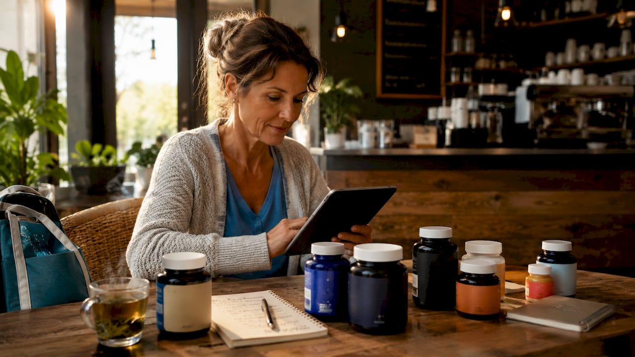 Woman comparing supplement brands at kitchen table