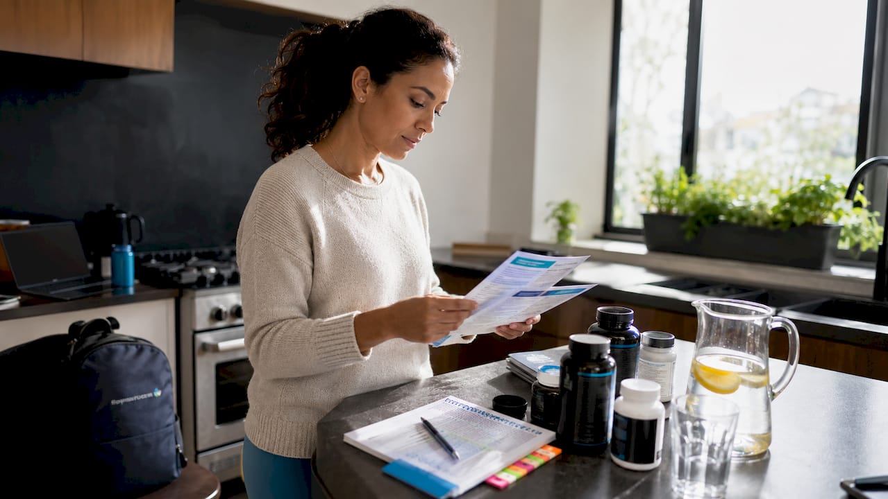 Woman reviewing supplement synergy information at desk