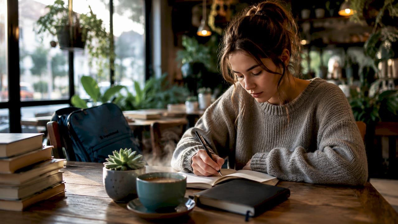 Woman focused writing notes in home office
