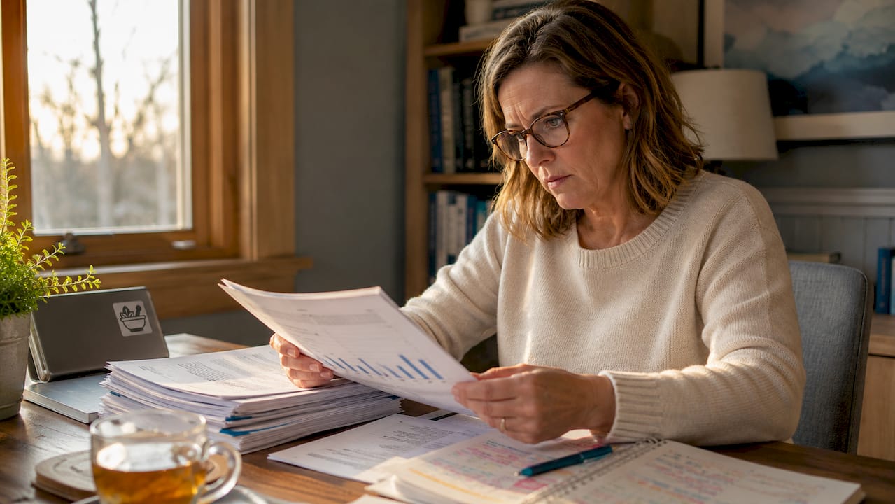 Researcher reviewing supplement efficacy documents